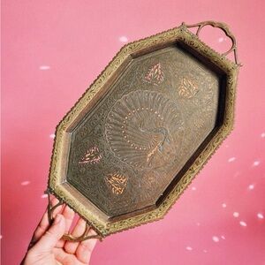 Vintage Antique Ornate Brass & Enamel Serving Tray - Peacock Motif